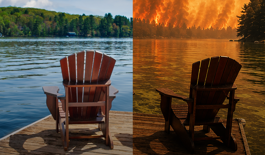 Une image avec deux photos. Dans la première, une terrasse au chalet avec du beau temps. Dans l'autre, une terrasse du chalet entourée de fumée et de flammes d'un incendie de forêt.