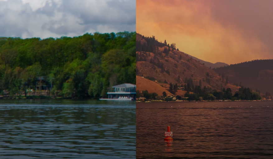 Two photos. side by side. Left: A scenic view from a cottage in nice weather. Right: Same view but engulfed in wildfire smoke.